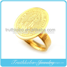 Etched Tone Vacuum Plating Gold High Quality Stainless Steel Religious Ring With Praying Mother Mary Image Design For Catholic